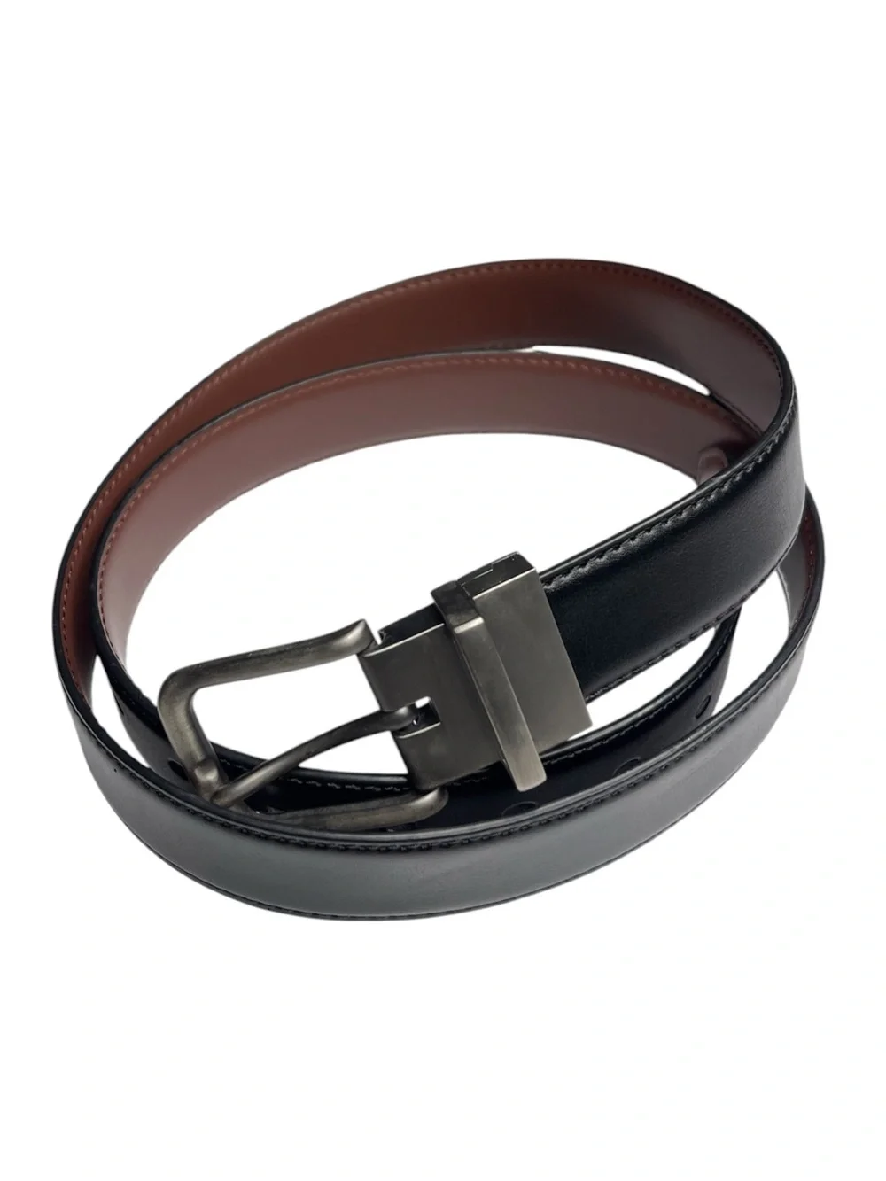 BULLIANT Men's Reversible Leather Dress Belt Black/Brown Silver Swivel Buckle 42